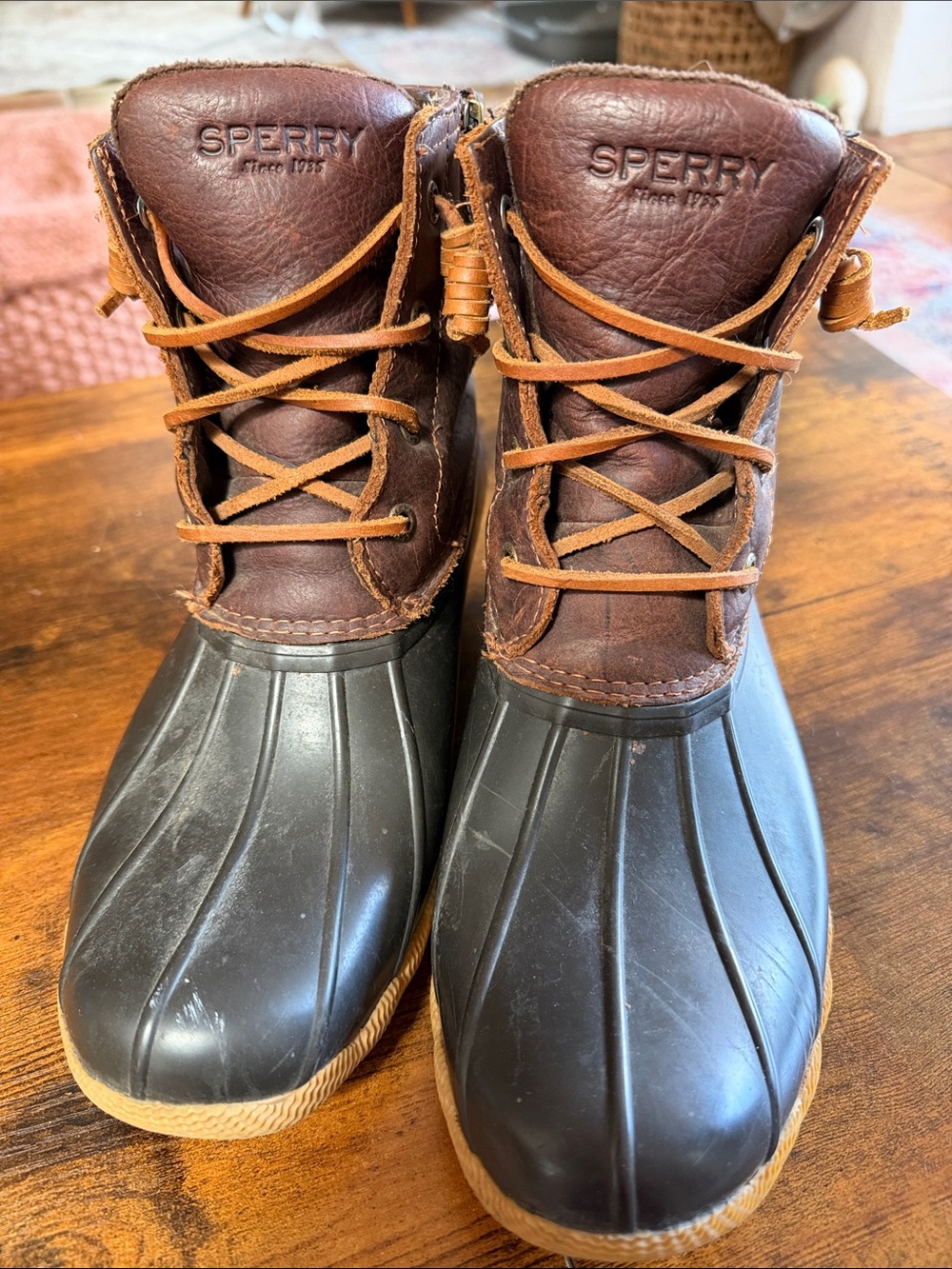 Sperry Brown Leather and Black Rubber Lace-Up Duck Boots with Tan Laces